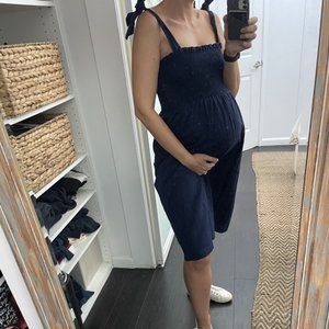 Lulu's bump-friendly navy blue looking up smocked tie-strap dress
